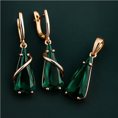 Комплект ювелирной бижутерии коллекция "Дубай" серьги и кулон, покрытие позолота, вставка: фианиты, цвет: нефритовый, арт.414.042