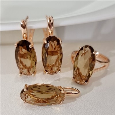 Комплект ювелирной бижутерии коллекция "Дубай" серьги, кулон и кольцо 18 р, покрытие позолота, вставка: фианит, цвет: песочный, арт.314.902-18