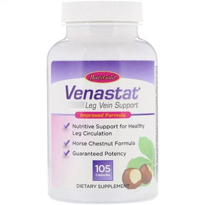 BodyGold, Venastat, средство для здоровья вен ног, 105 капсул
