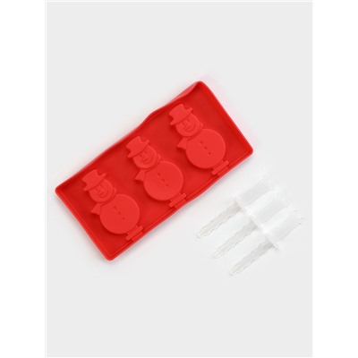 Форма для мороженого новогодняя Доляна «Снеговик», силикон, 18×9×2 см, 3 ячейки, с палочками, красная