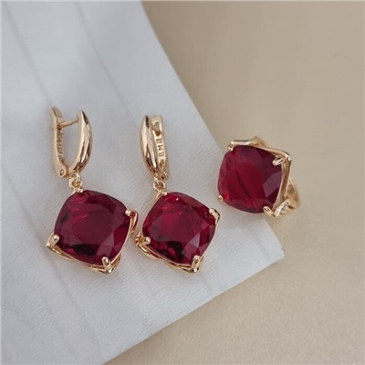 Комплект ювелирной бижутерии коллекция "Дубай" серьги и кольцо 19 р, покрытие позолота, вставка: стекло, цвет: рубиновый, арт.414.340-19