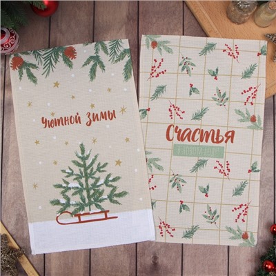 Набор новогодних полотенец Доляна «Зимние праздники» 28×46 см - 2 штуки, 100% хлопок, вафля 160 г/м²