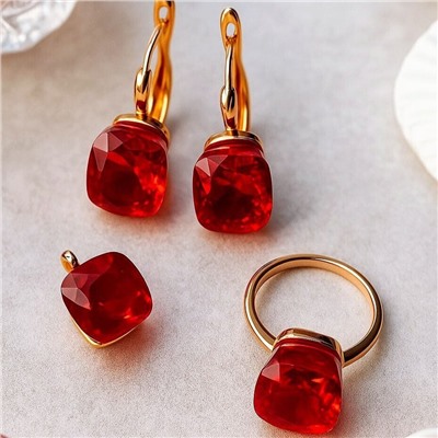 Комплект ювелирной бижутерии Дубайское золото: серьги, кулон и кольцо 17 р, с покрытием позолотой, вставка: фианит, цвет: красный, арт.314.728-17