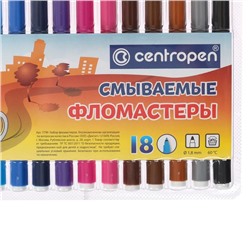 Фломастеры 18 цветов 1.8 мм Centropen 7790 Washable, смываемые, европодвес, линия 1.0 мм