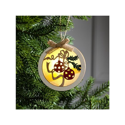 Ёлочная игрушка «Шар с веткой», 10×10×2 см, от батареек, свечение тёплое белое