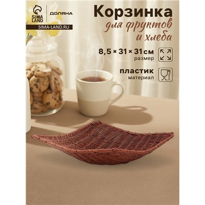 Корзинка для фруктов и хлеба Доляна «Огайо», 31×31×8.5 см, квадратная, пластик, плетёная, коричневая