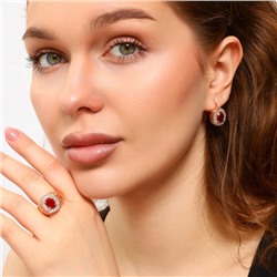 Комплект ювелирной бижутерии Дубайское золото покрытие позолота, серьги и кольцо 18 р, вставка: фианиты и блестящий глиттер, цвет: красный, арт.213.709-18