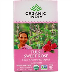 Organic India, чай с тулси, сладкая роза, без кофеина, 18 пакетиков, 28,8 г (1,01 унции)