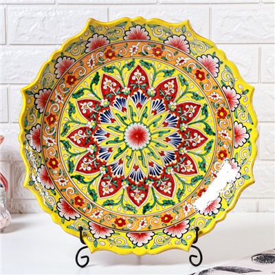 Ляган узбекский Риштанская Керамика «Цветы», d=42 см, рифлёный, жёлтый