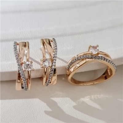 Комплект ювелирной бижутерии коллекция "Дубай" серьги и кольцо 18 р, покрытие позолота, вставка: фианиты и цирконы, цвет: прозрачный, арт.215.702-18