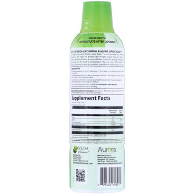 Aurora Nutrascience, Mega-Liposomal R-Alpha Lipoic Acid, органический фруктовый вкус, 750 мг, 480 мл (16 жидк. унций)