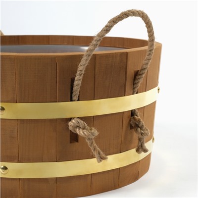 Шайка - таз для бани и сауны, 10 л, деревянная, пластиковая вставка, ручки - верёвки, с термообработкой, «Добропаровъ»