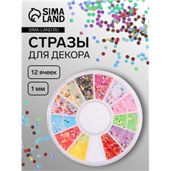 Стразы круглые для декора, 1 мм, 12 ячеек, разноцветные