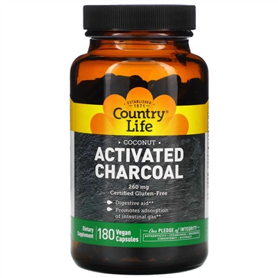 Country Life, Activated Charcoal, 260 mg, 180 Vegan Capsules