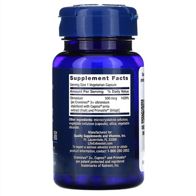 Life Extension, оптимизированный хром с Crominex 3+, 500 мкг, 60 вегетарианских капсул