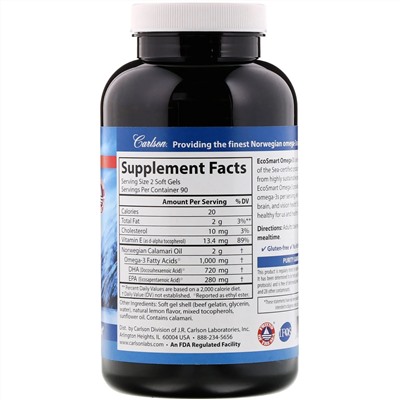 Carlson Labs, EcoSmart Omega-3, натуральный ароматизатор «Лимон», 1000 мг, 180 мягких таблеток
