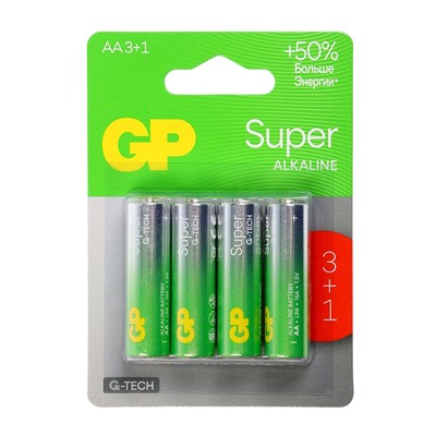 Батарейка алкалиновая GP Super, AA, LR6-4BL, 1.5 В, блистер, 3+1 шт.