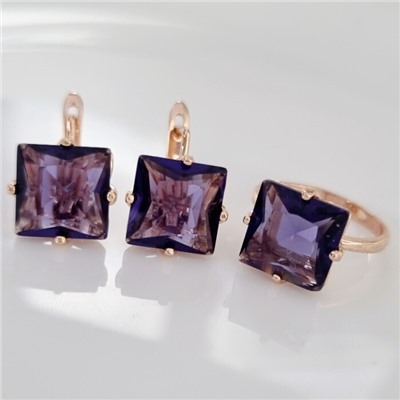 Комплект ювелирная бижутерия коллекция  "Дубай" серьги и кольцо 18 р, покрытие: позолота, вставка: фианиты, цвет: фиолетовый, арт.215.446-18