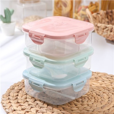 Ланч-бокс пластиковый с ложкой «Подарок», 3 отделения, квадратный, 14×5 см, цвет МИКС