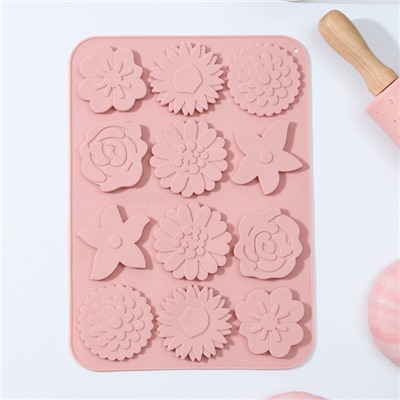 Форма для шоколада Доляна «Цветочная поляна», силикон, 22.5×16.5×0.5 см, 12 ячеек, цвет МИКС