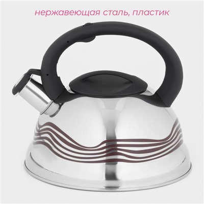 Чайник Доляна «Волна», 2.8 л, со свистком, с индикатором нагрева, фиксированная ручка, нержавеющая сталь