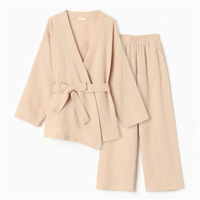 Комплект домашний женский (рубашка на запах, брюки) KAFTAN Basic, размер 40-42, бежевый
