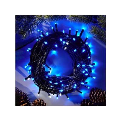 Гирлянда «Нить» 10 м, IP44, УМС, тёмная нить, 100 LED, свечение бело-синее, мигание, 220 В