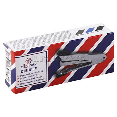 Степлер "Attomex" № 10 (мощность 15 листов, глубина скрепления 54 мм) металлический, со встроенным металлическим антистеплером, в картонной коробке, черныйв картонной коробке, черный