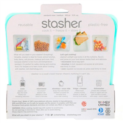 Stasher, Aqua, многоразовый силиконовый контейнер для еды, удобный размер для бутербродов, средний, 450 мл (15 жидк. унций)