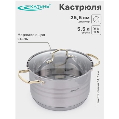 Кастрюля Катунь «ЭЛИС ГОЛД», 5.5 л, 24×13.5 см, стеклянная крышка, нержавеющая сталь, ручки золотистые