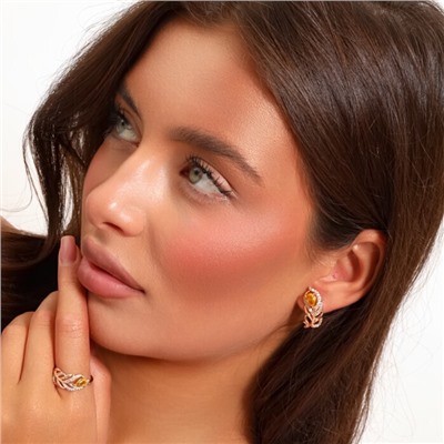 Комплект ювелирная бижутерия коллекция  "Дубай" серьги и кольцо 17 р, покрытие: позолота, вставка: фианиты, цвет: желый и прозрачный, арт.217.304-17