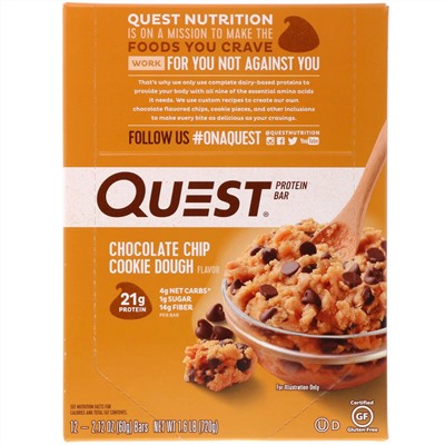 Quest Nutrition, Протеиновый батончик, шоколадная крошка, песочное тесто, 12 штук, 2,12 унц. (60 г) каждый