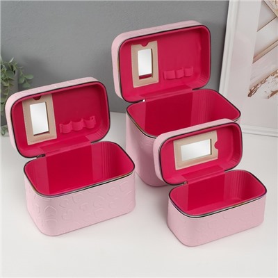 Набор шкатулок для украшений с зеркалом «Сердца», 3 шт., искусственная кожа, св. розовая