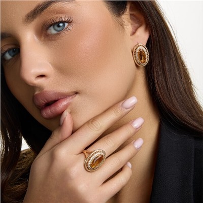 Комплект ювелирной бижутерии коллекция "Дубай" серьги и кольцо 20 р, покрытие позолота, вставка: фианиты и цирконы, цвет: желто-оранжевый и прозрачный, арт.215.451-20