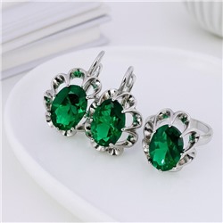 Комплект ювелирной бижутерии коллекция "Дубай" серьги и кольцо 18 р, покрытие посеребрение, вставка: фианит, цвет: зеленый, арт.313.388-18