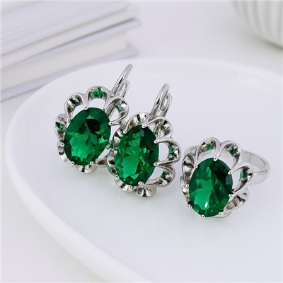 Комплект ювелирной бижутерии коллекция "Дубай" серьги и кольцо 18 р, покрытие посеребрение, вставка: фианит, цвет: зеленый, арт.313.388-18