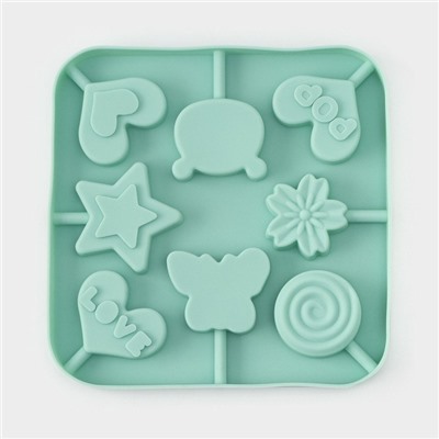 Форма для леденцов Доляна «Сладость», силикон, 15×15×1.5 см, 8 ячеек, с палочками, бирюзовая