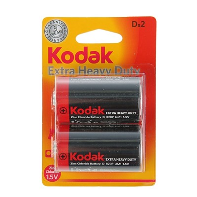 Батарейка солевая Kodak Super Heavy Duty, D, R20-2BL, 1.5 В, блистер, 2 шт.