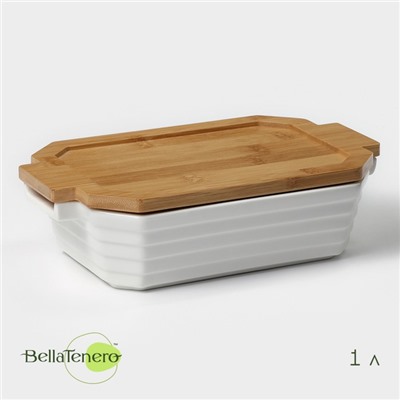 Форма для запекания BellaTenero, 1 л, 25.6×14.9×6.2 см, с бамбуковой крышкой, керамика, белая