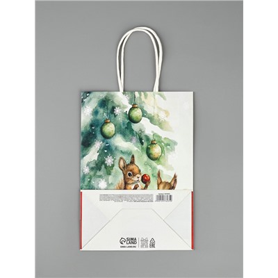 Пакет бумажный подарочный новогодний крафт «Белки» 15×21×8 см