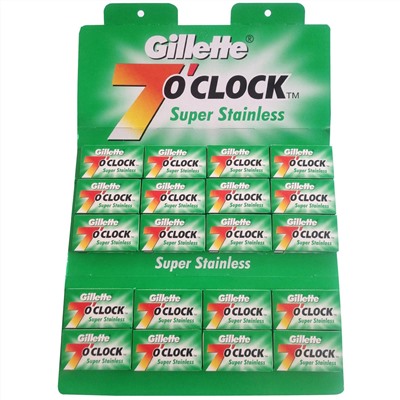 Лезвия для бритья классические двусторонние Джиллетт(ʤɪˈlet) 7o'Clock Super Stainless 5шт.(20X5шт. =100 лезвий) на карте (Оригинал)