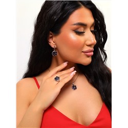 Комплект ювелирной бижутерии в форме геометрии круглый серьги, кулон и кольцо 17 р, покрытие: посеребрение, вставка: фианиты, цвет: синий, арт.314.397-17