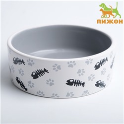 Миска для кошек керамическая Пижон «Рыбные косточки и лапки» 300 мл, 12.5×4.5 см, серая