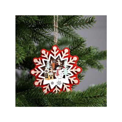 Ёлочная игрушка «Снежинка со снеговиком», 10×10 см, 1 LED, от батареек, свечение тёплое белое