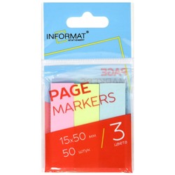 Закладки с клеевым краем 15х50 мм 3цв х 50л ПАСТЕЛЬ бумажные Z1550-3P inФОРМАТ