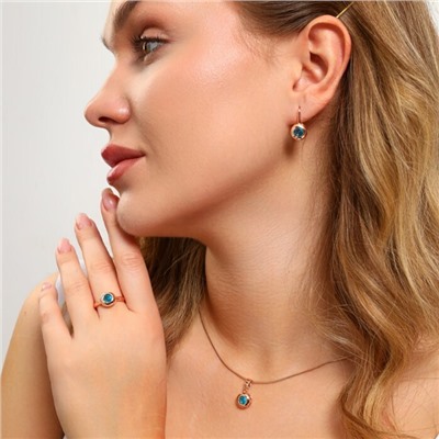 Комплект ювелирной бижутерии коллекция "Дубай" серьги, кулон и кольцо 20 р, покрытие: позолота, вставка: фианиты, цвет: голубой, арт.213.905-20