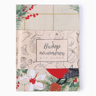 Набор новогодних полотенец Доляна «Рождественские цветы» 28×46 см - 2 штуки, 100% хлопок, вафля 160 г/м²