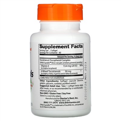 Doctor's Best, Токотриенолы с EVNol SupraBio, 50 мг, 60 мягких таблеток