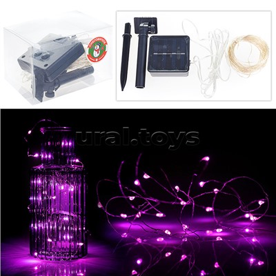 Электрогирлянда светодиодная Роса, 10 м, 100 ламп, Солн.батар., розовый