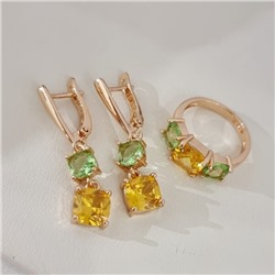 Комплект ювелирной бижутерии коллекция "Дубай" серьги и кольцо 20 р, покрытие позолота, вставка: стекло, цвет: зеленый и желтый, арт.414.204-20